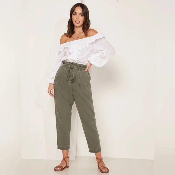 Free People Margate pleated paperbag waist Trouser Pant olive green large - Picture 5 of 8